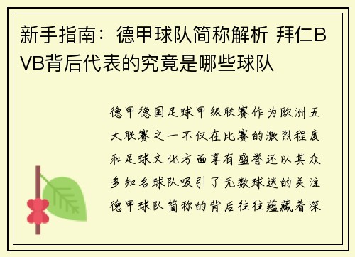 新手指南：德甲球队简称解析 拜仁BVB背后代表的究竟是哪些球队