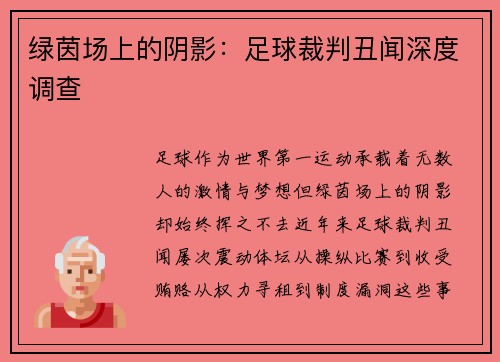 绿茵场上的阴影：足球裁判丑闻深度调查
